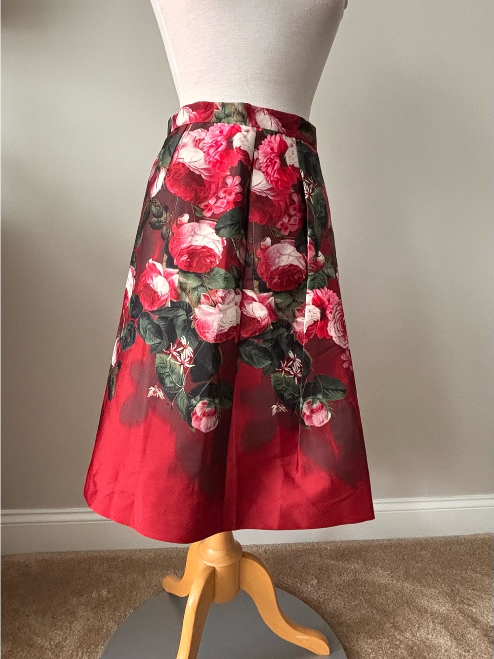 Talbots Red Floral A-Line Midi Skirt